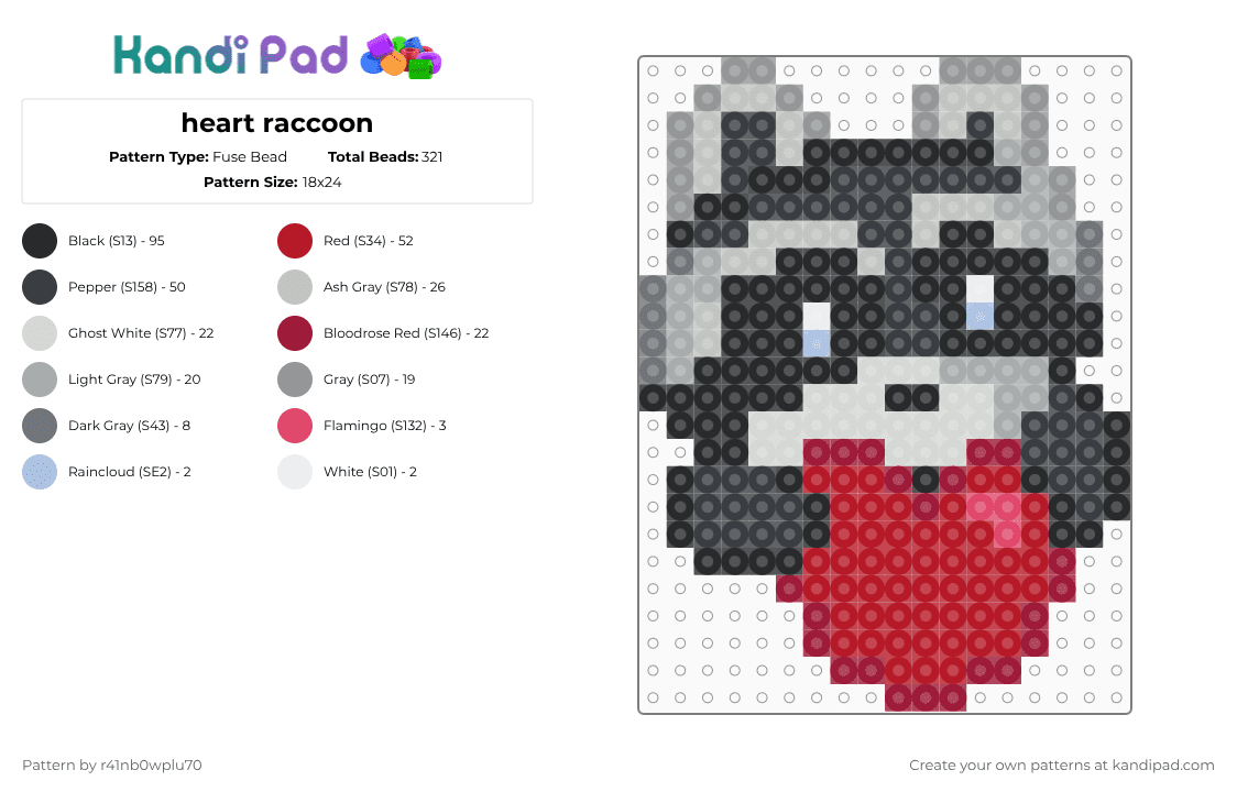 heart raccoon - Fuse Bead Pattern by r41nb0wplu70 on Kandi Pad - gray,red,silly,raccoon,heart,rahhh