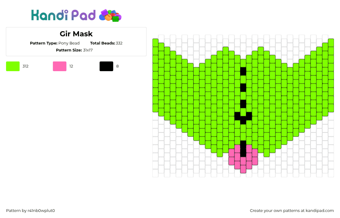 Gir Mask - Pony Bead Pattern by r41nb0wplut0 on Kandi Pad - gir,invader zim,mask,tongue,mouth,simple,cartoon,tv show,green