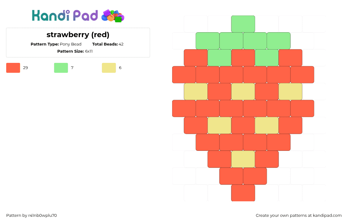 strawberry (red) - Pony Bead Pattern by r41nb0wplu70 on Kandi Pad - strawberry,fruit,food,red,orange,yellow,green