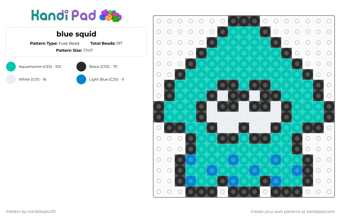 blue squid - Fuse Bead Pattern by r41nb0wplu70 on Kandi Pad - squid,video game,animal,gaming,teal,splatoon,aqua,blue