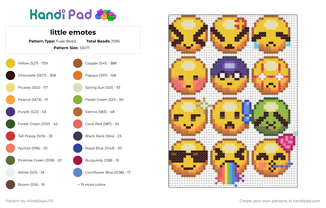 little emotes - Fuse Bead Pattern by r41nb0wplu70 on Kandi Pad - emojis,beads,cartoon,character,tan,yellow,brown,orange,emotes,silly,little,charms,wall,emoticons