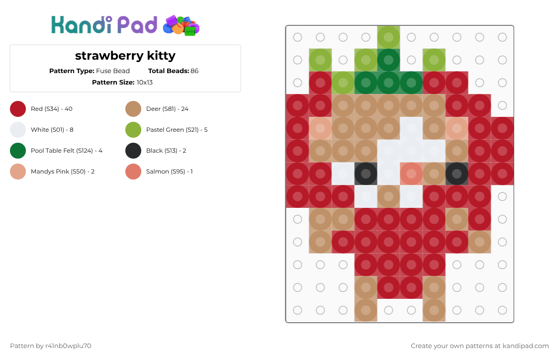 strawberry kitty - Fuse Bead Pattern by r41nb0wplu70 on Kandi Pad - red,tan,cat,animal,cats,pets,strawberry,strawberries,strawberry cat,meme