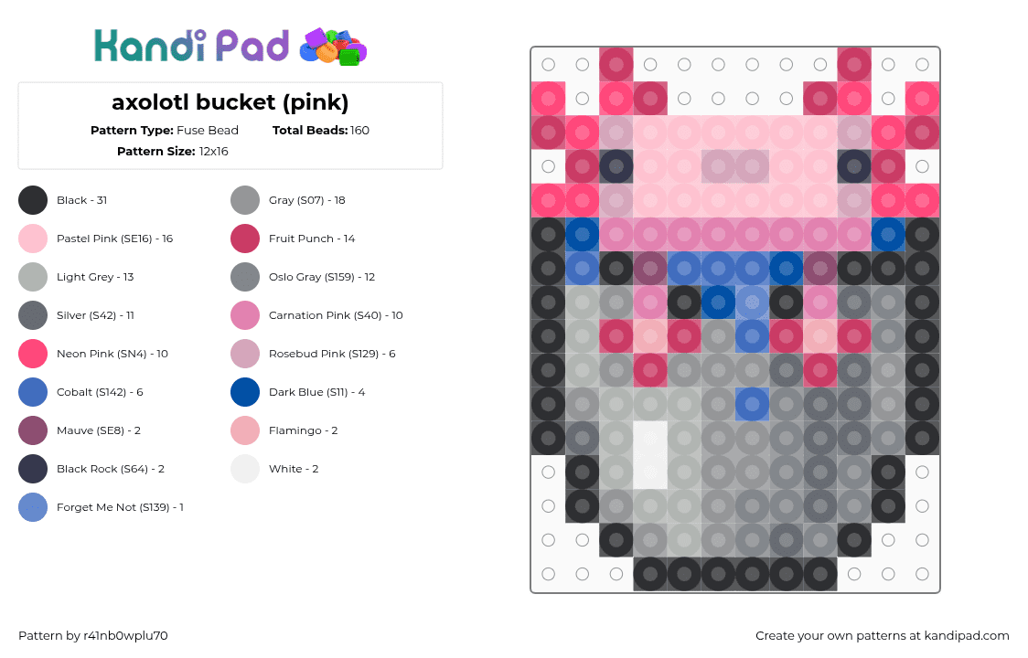 axolotl bucket (pink) - Fuse Bead Pattern by r41nb0wplu70 on Kandi Pad - axolotl,charm,cute,gaming,video game,pink,gray,minecraft,bucket,water