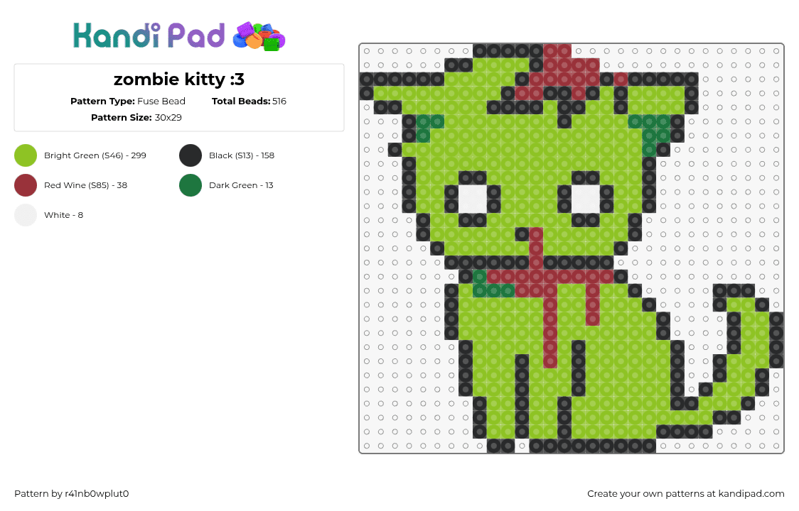 zombie kitty :3 - Fuse Bead Pattern by r41nb0wplut0 on Kandi Pad - zombie,cat,spooky,horror,halloween,kitty,bloody,cute,animal,green,red