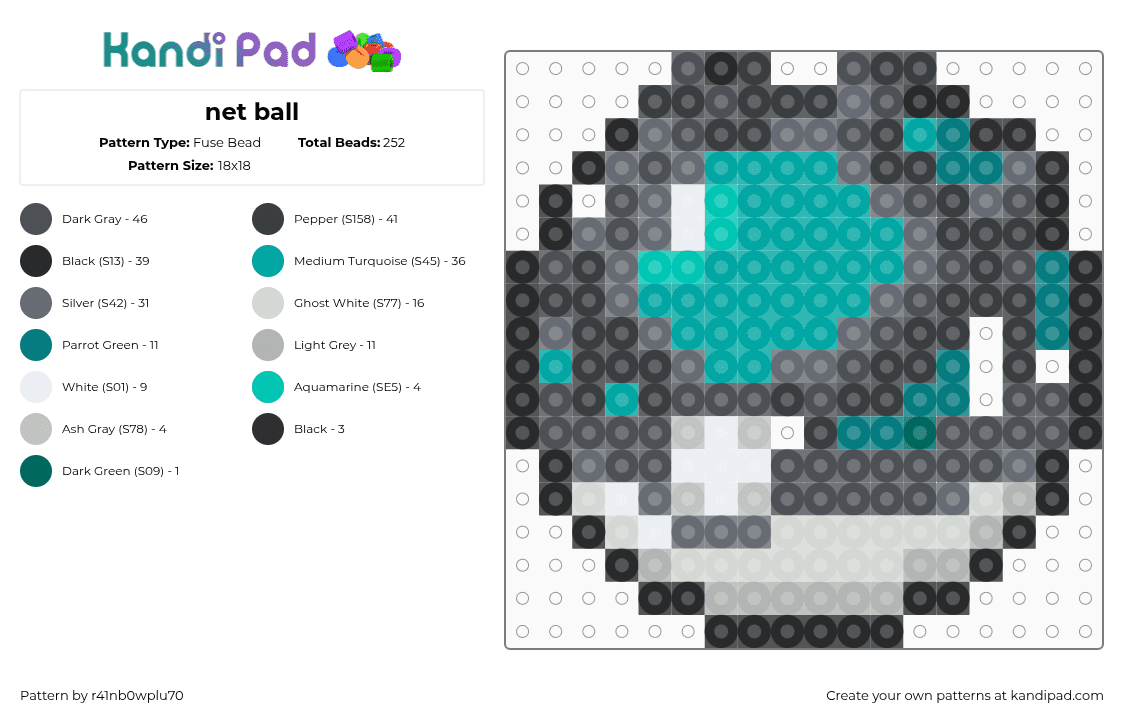 net ball - Fuse Bead Pattern by r41nb0wplu70 on Kandi Pad - gray,teal,pokemon,pokeball,blue