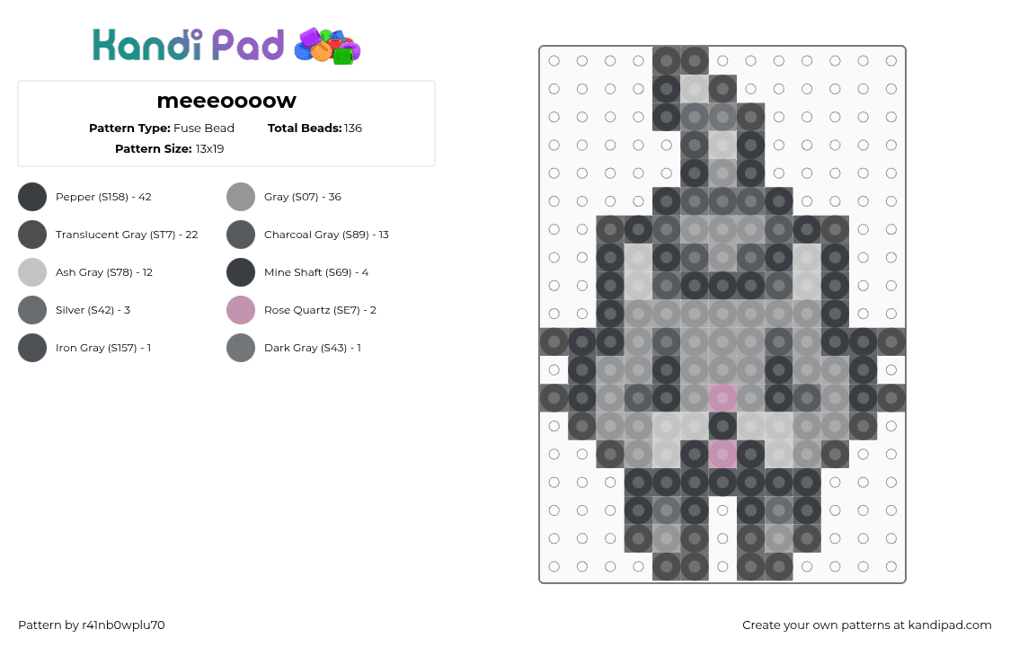 meeeoooow - Fuse Bead Pattern by r41nb0wplu70 on Kandi Pad - cat,kitty,animal,gray