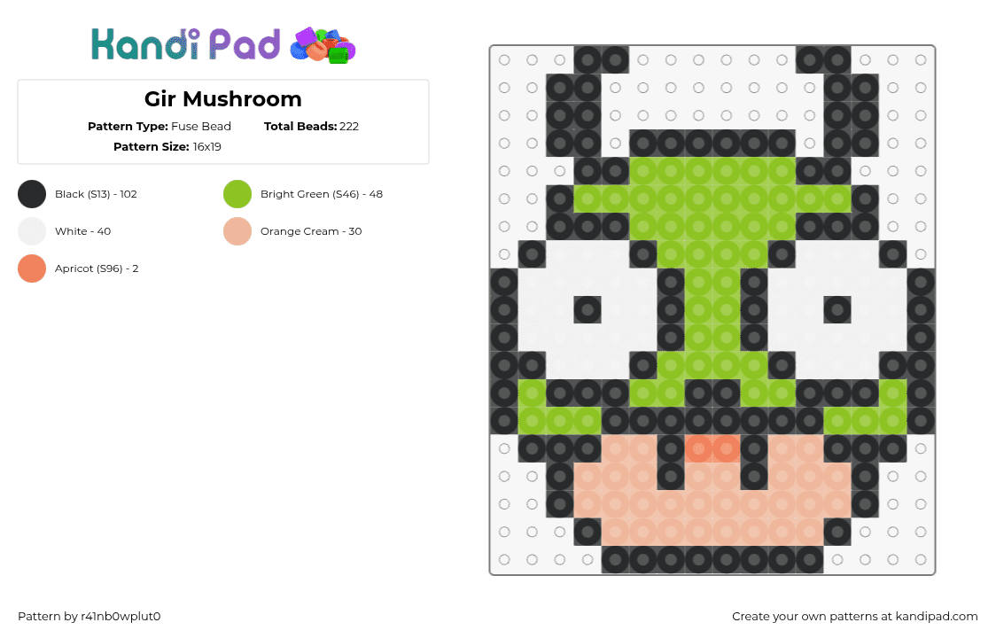 Gir Mushroom - Fuse Bead Pattern by r41nb0wplut0 on Kandi Pad - gir,invader zim,mushroom,costume,mashup,cute,cartoon,mario,green,white,tan