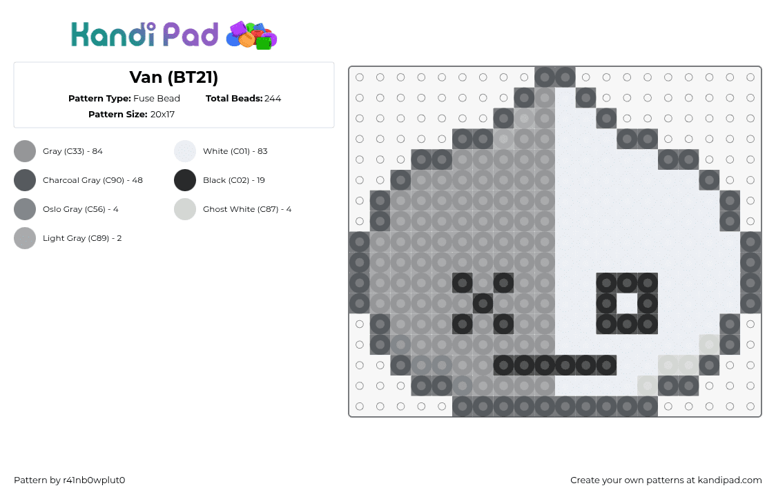 Van (BT21) - Fuse Bead Pattern by r41nb0wplut0 on Kandi Pad - van,bts,bt21,head,character,kpop,gray,white