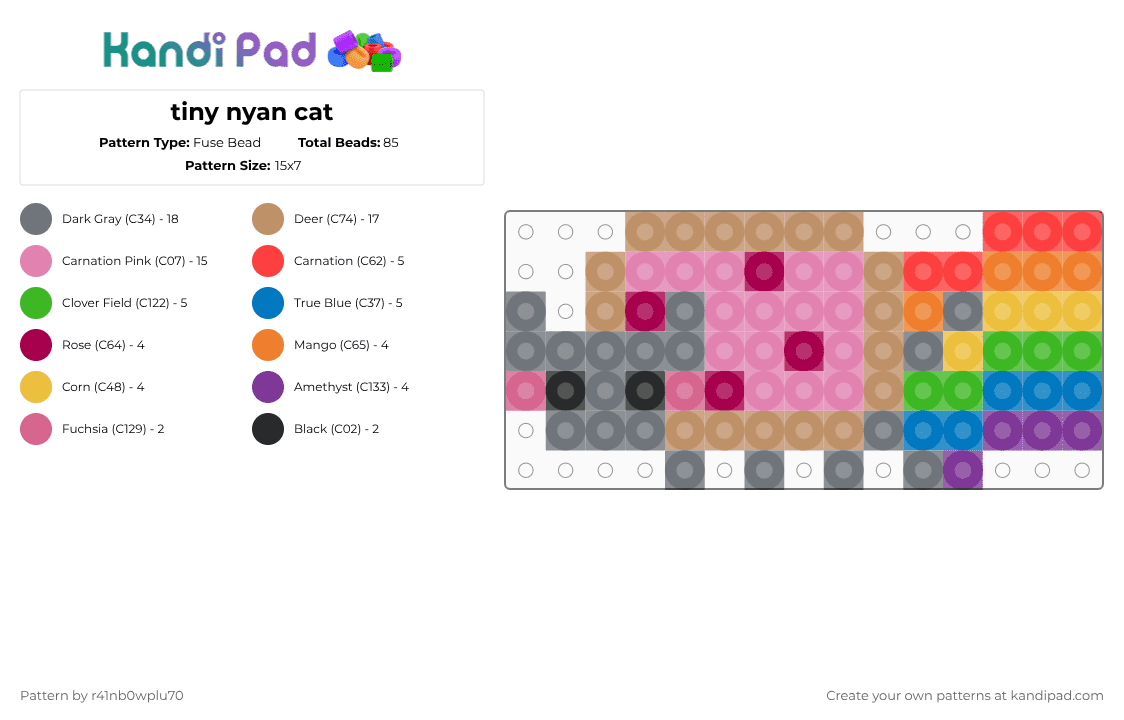 tiny nyan cat - Fuse Bead Pattern by r41nb0wplu70 on Kandi Pad - gray,pink,tan,nyan cat,rainbow,tiny,mini