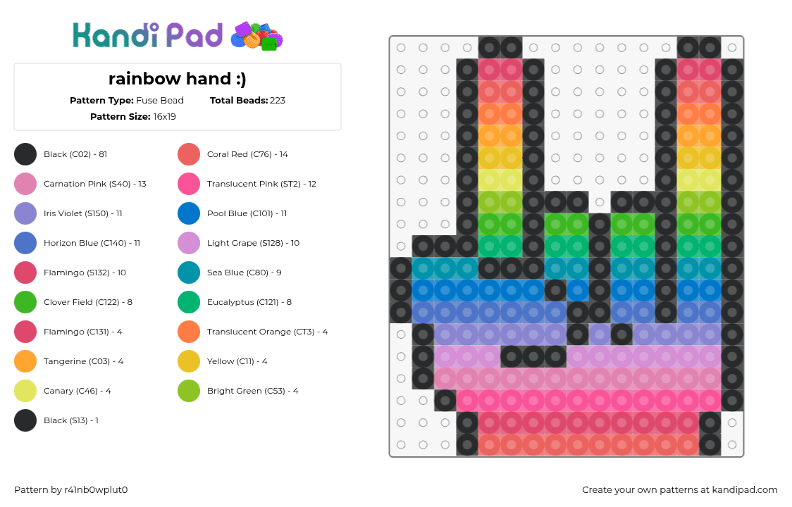 rainbow hand :) - Fuse Bead Pattern by r41nb0wplut0 on Kandi Pad - hand,horns,rock,rainbow,music,rave,colorful,gradient