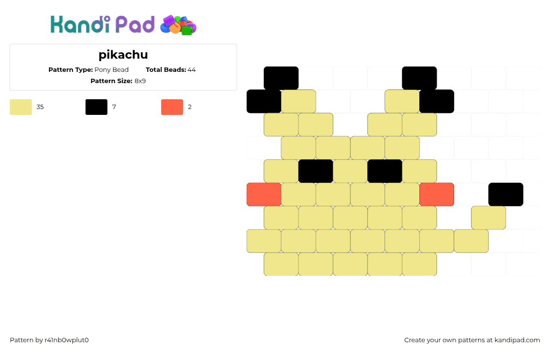 pikachu - Pony Bead Pattern by r41nb0wplut0 on Kandi Pad - pikachu,pokemon,starter,gaming,character,simple,charm,yellow