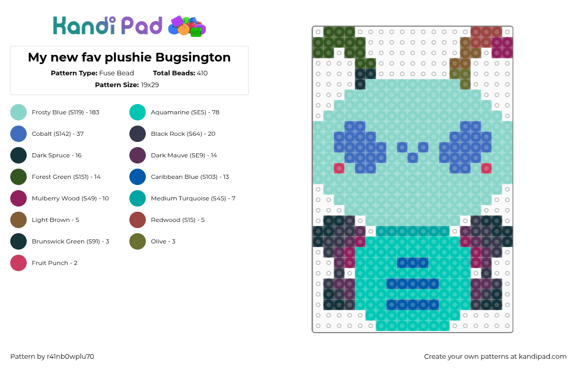 My new fav plushie Bugsington - Fuse Bead Pattern by r41nb0wplu70 on Kandi Pad - blue,light blue,teal,plush,bug,firefly