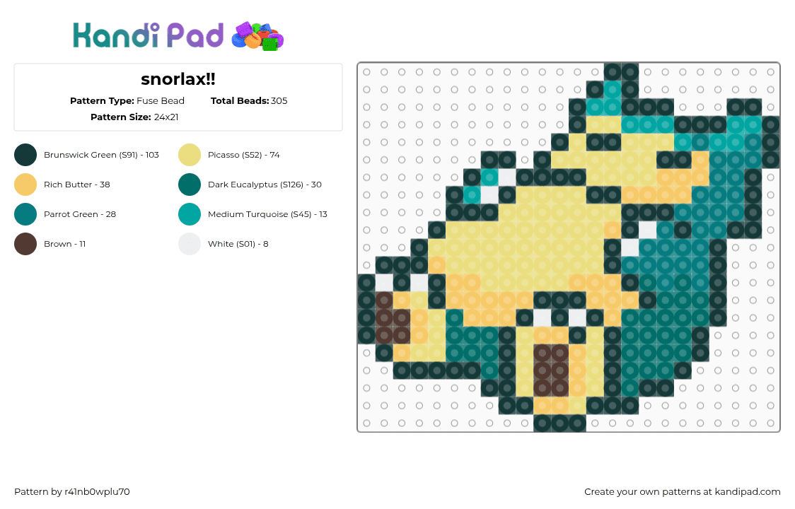snorlax!! - Fuse Bead Pattern by r41nb0wplu70 on Kandi Pad - yellow,teal,sleeping,snorlax,pokemon,blue