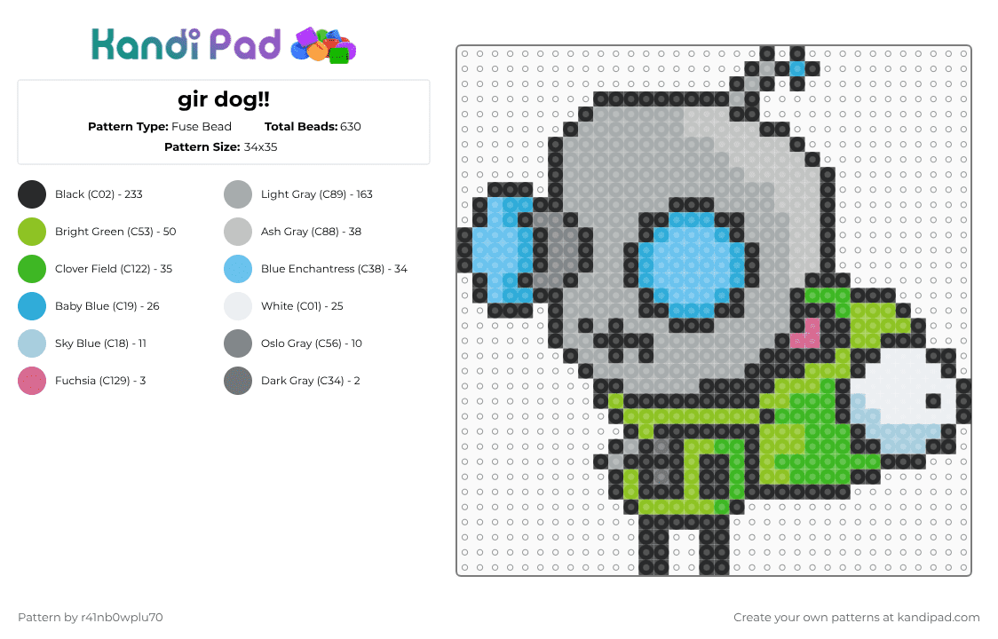 gir dog!! - Fuse Bead Pattern by r41nb0wplu70 on Kandi Pad - gir,robot,costume,animal,cartoon,tv show,green,gray,light blue,scrunkly,aww,dog,invader zim,zim,scene