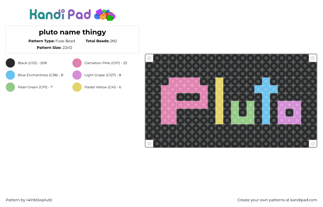 pluto name thingy - Fuse Bead Pattern by r41nb0wplu70 on Kandi Pad - pluto,name,text,tag,colorful,pastel,black,pink