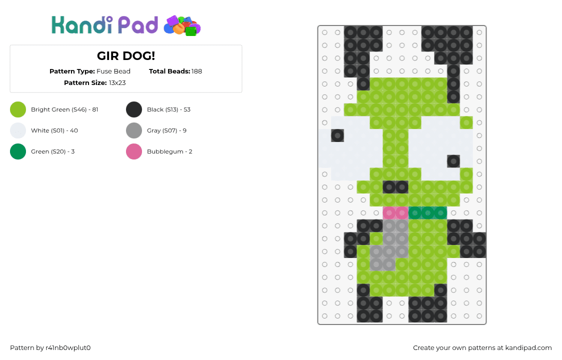 GIR DOG! - Fuse Bead Pattern by r41nb0wplut0 on Kandi Pad - gir,invader zim,derpy,dog,character,costume,cartoon,tv show,green,black