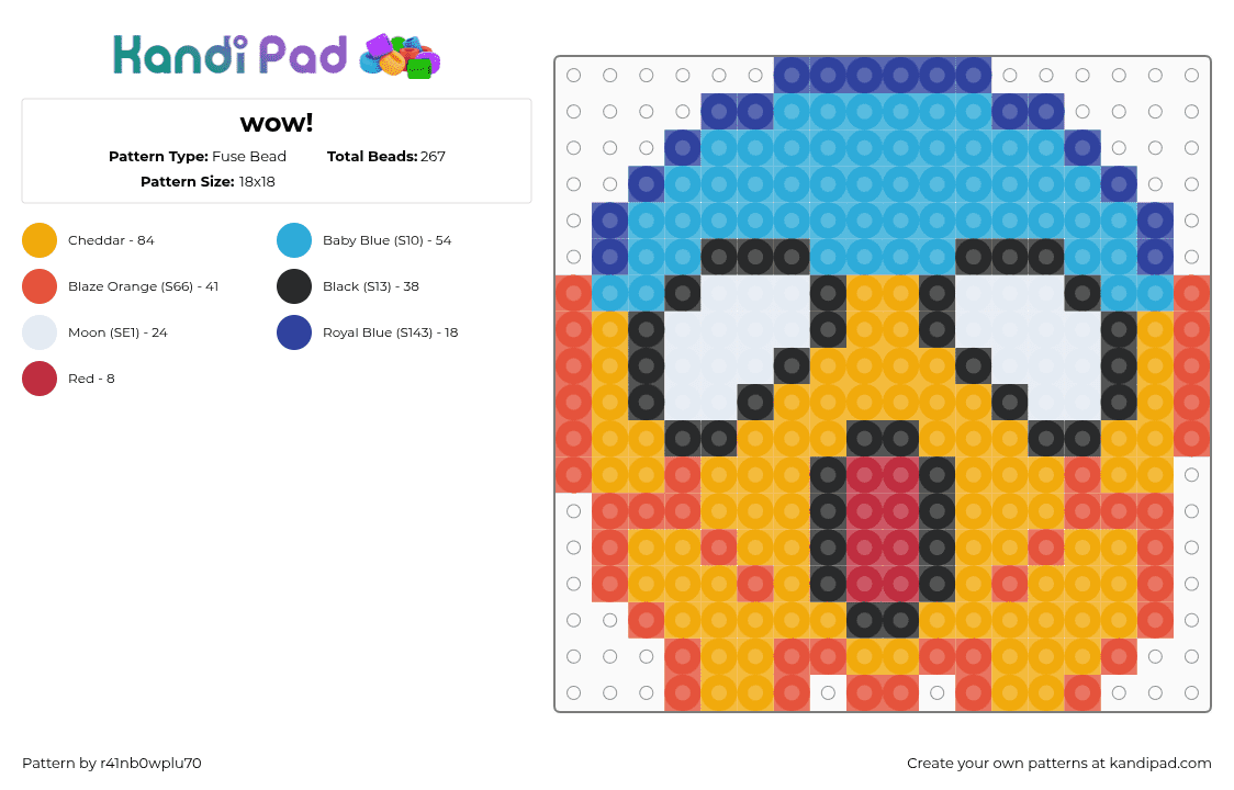 wow! - Fuse Bead Pattern by r41nb0wplu70 on Kandi Pad - shocked,emoji,smiley,face,charm,red,orange,light blue,shock,surprise,yellow,blue,wow
