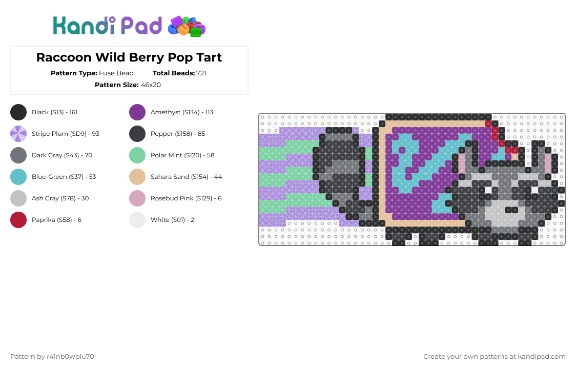 Raccoon Wild Berry Pop Tart - Fuse Bead Pattern by r41nb0wplu70 on Kandi Pad - raccoon,poptart,meme,animal,pink,teal,wild berry pop tart,nyan cat,purple,green