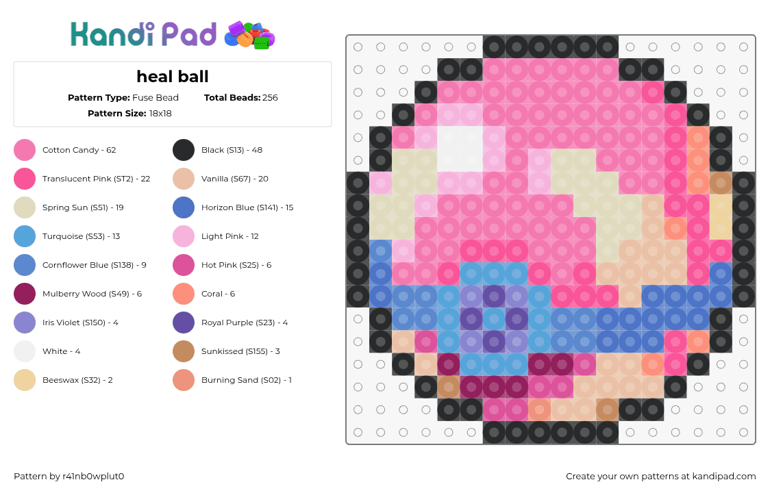 heal ball - Fuse Bead Pattern by r41nb0wplut0 on Kandi Pad - heal ball,pokeball,pokemon,gaming,pink,beige,blue