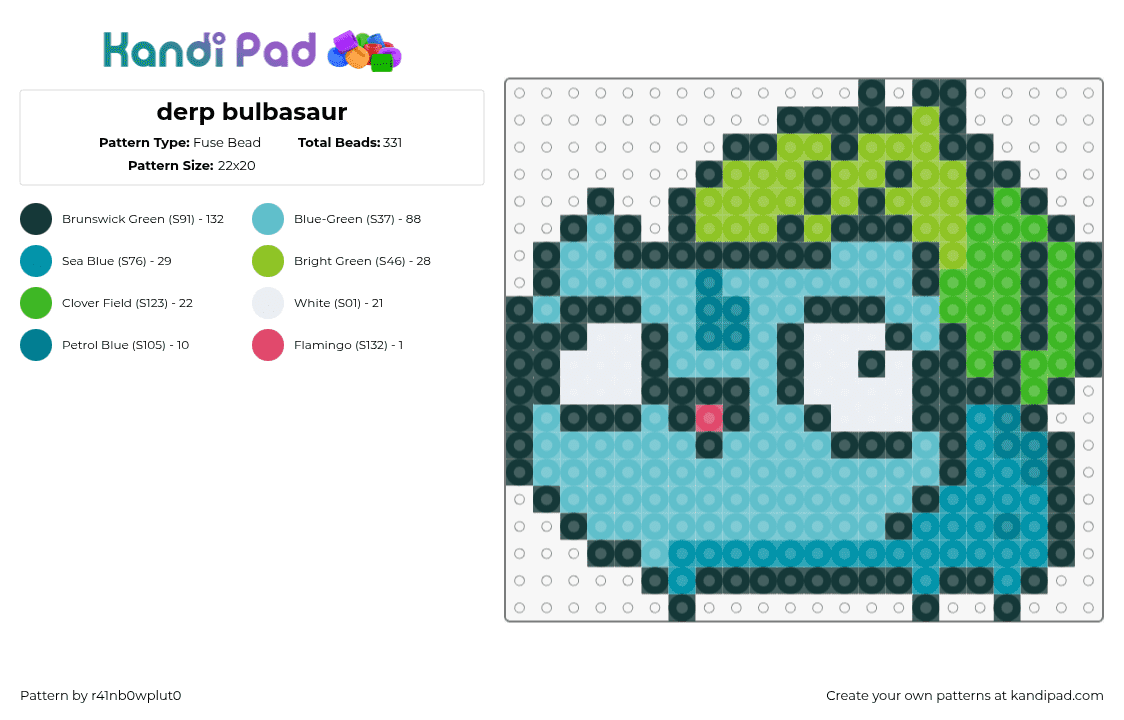 derp bulbasaur - Fuse Bead Pattern by r41nb0wplut0 on Kandi Pad - bulbasaur,pokemon,derpy,starter,character,gaming,cute,silly,teal,green