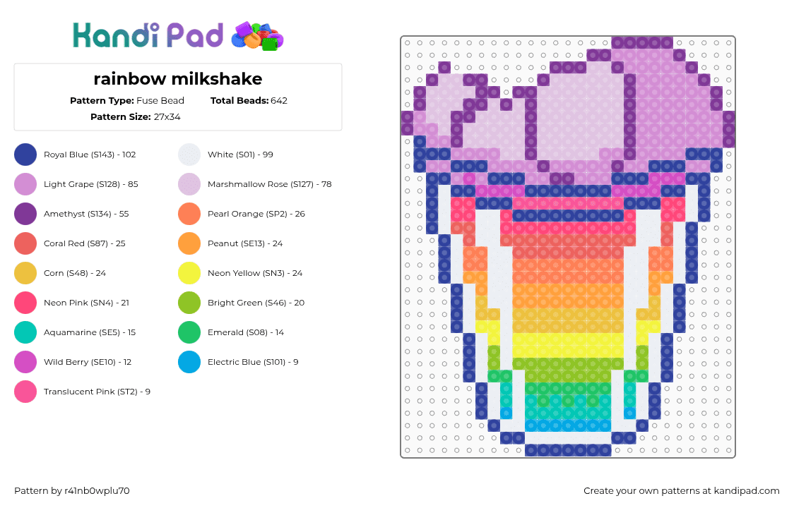 rainbow milkshake - Fuse Bead Pattern by r41nb0wplu70 on Kandi Pad - milkshake,drink,dessert,colorful,purple