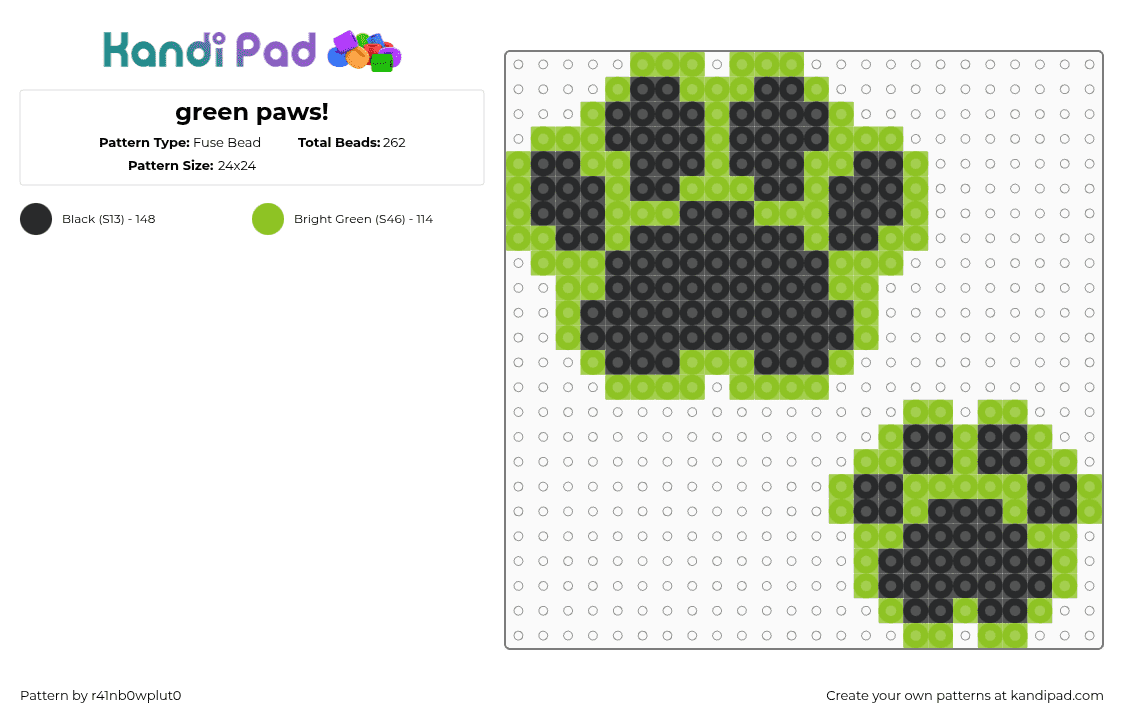 green paws! - Fuse Bead Pattern by r41nb0wplu70 on Kandi Pad - paws,animal,simple,charm,black,green