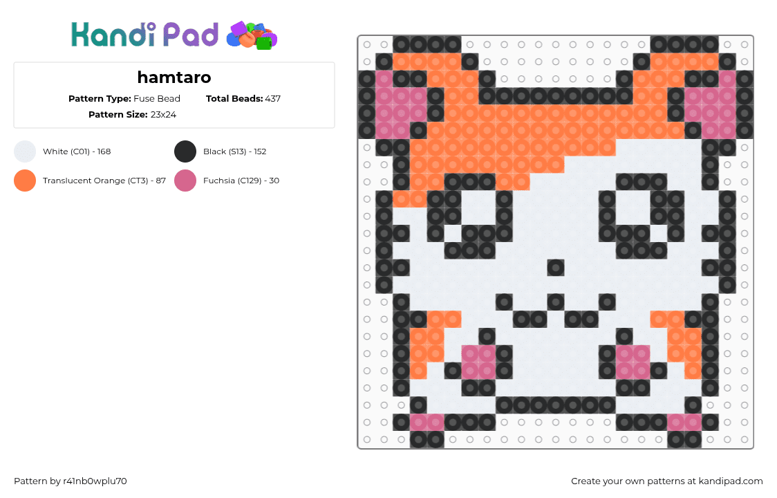 hamtaro - Fuse Bead Pattern by r41nb0wplu70 on Kandi Pad - hamtaro,cute,kawaii,character,animal,white,orange,hamster,pet