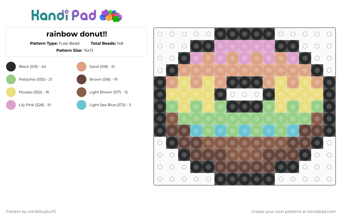 rainbow donut!! - Fuse Bead Pattern by r41nb0wplu70 on Kandi Pad - donut,food,colorful,beige,yellow,teal,brown,rainbow,pastel,chocolate