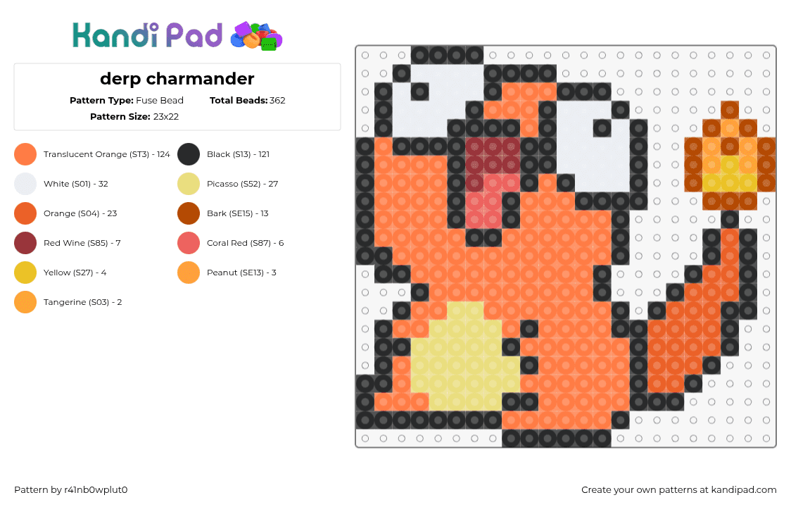 derp charmander - Fuse Bead Pattern by r41nb0wplut0 on Kandi Pad - charmander,pokemon,derpy,starter,character,gaming,cute,silly,orange