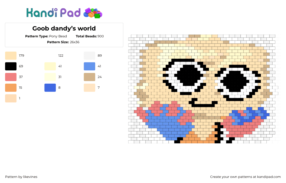 Goob dandy’s world - Pony Bead Pattern by likevines on Kandi Pad - goob,dandys world,portrait,panel,character,video game,tan