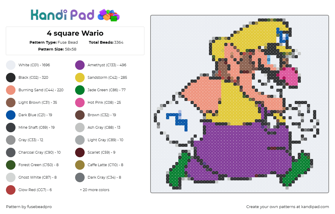 4 square Wario - Fuse Bead Pattern by fusebeadpro on Kandi Pad - wario,mario,nintendo,video games