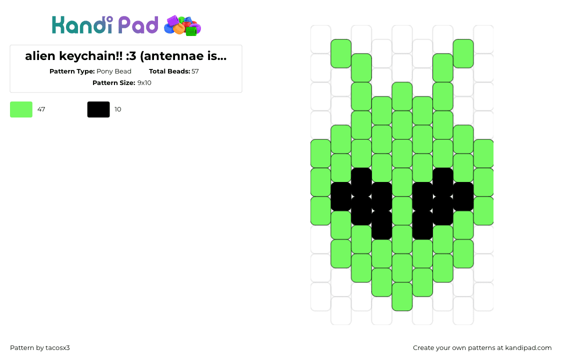 alien keychain!! :3 (antennae is optional) - Pony Bead Pattern by tacosx3 on Kandi Pad - alien,extraterrestrial,keychain,charm,head,simple,green