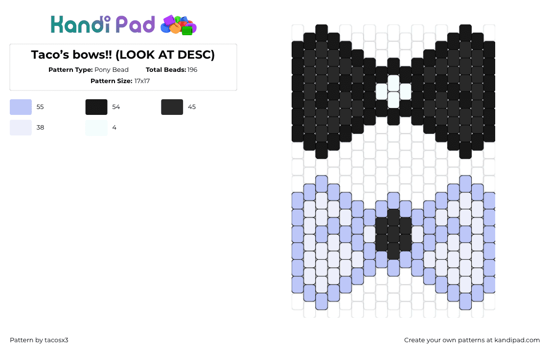 Taco’s bows!! (LOOK AT DESC) - Pony Bead Pattern by tacosx3 on Kandi Pad - bows,tie,taco,inanimate insanity,clothing,charm,black,light blue