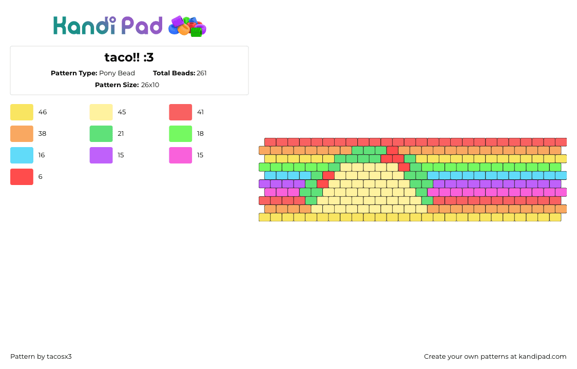 taco!! :3 - Pony Bead Pattern by tacosx3 on Kandi Pad - taco,food,rainbow,horizontal,stripes,cuff,colorful,yellow,pink,green,beige