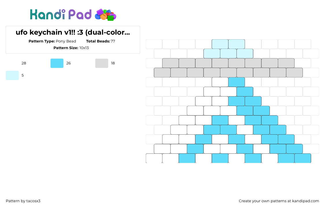 ufo keychain v1!! :3 (dual-colored!! ^^) - Pony Bead Pattern by tacosx3 on Kandi Pad - ufo,space ship,flying saucer,alien,tractor beam,charm,keychain,gray,light blue,white