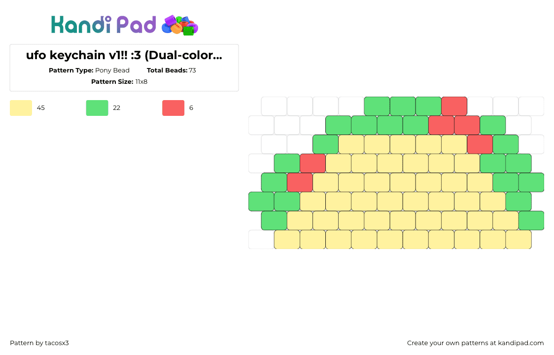 ufo keychain v1!! :3 (Dual-colored and matching with alien!! ^^) - Pony Bead Pattern by tacosx3 on Kandi Pad - taco,food,tortilla,keychain,charm,lettuce,yellow,green