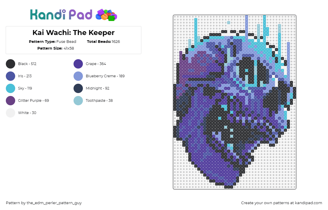 Kai Wachi: The Keeper - Fuse Bead Pattern by the_edm_perler_pattern_guy on Kandi Pad - kai wachi,macntaj,skull,music,edm,dj,spooky,halloween,purple,blue