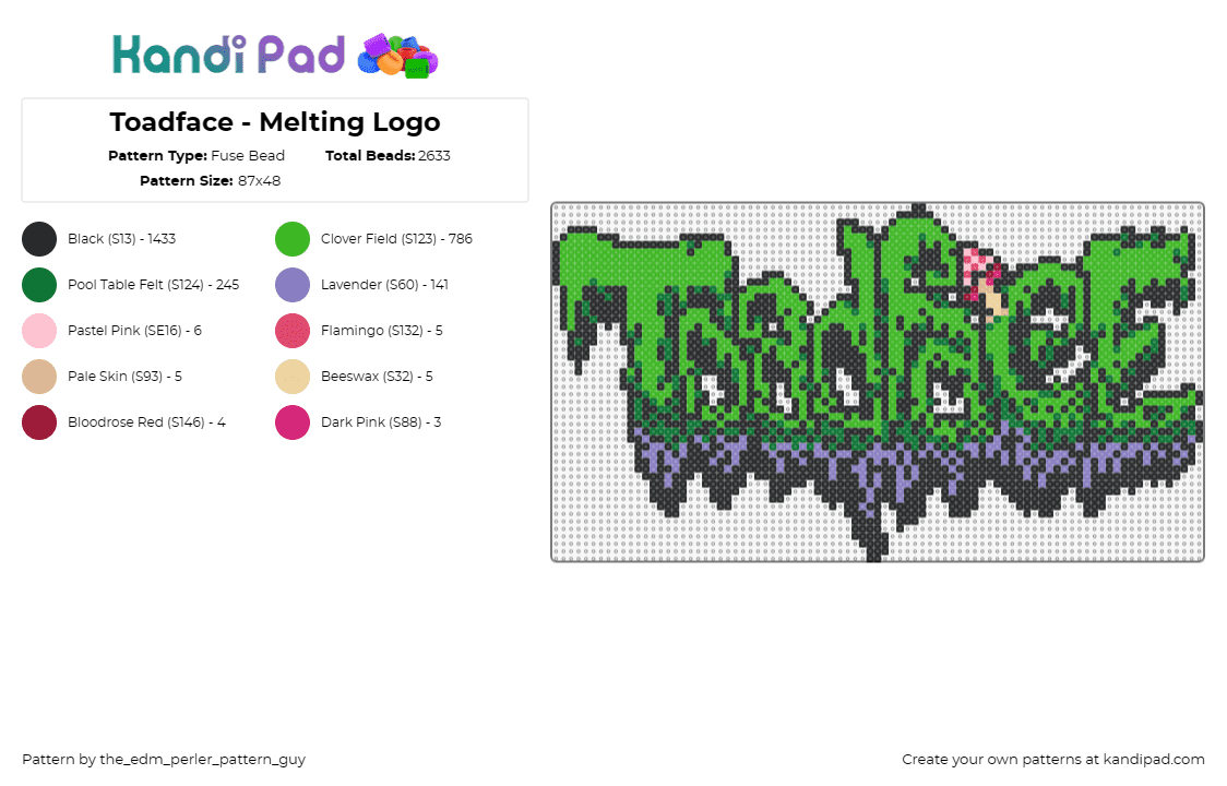 Toadface - Melting Logo - Fuse Bead Pattern by the_edm_perler_pattern_guy on Kandi Pad - toadface,logo,trippy,melting,dj,edm,music,green,purple