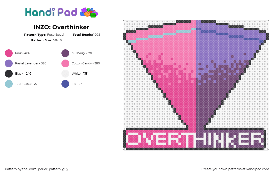 INZO: Overthinker - Fuse Bead Pattern by the_edm_perler_pattern_guy on Kandi Pad - inzo,overthinker,pyramid,song,music,dj,edm,gradient,pink,purple