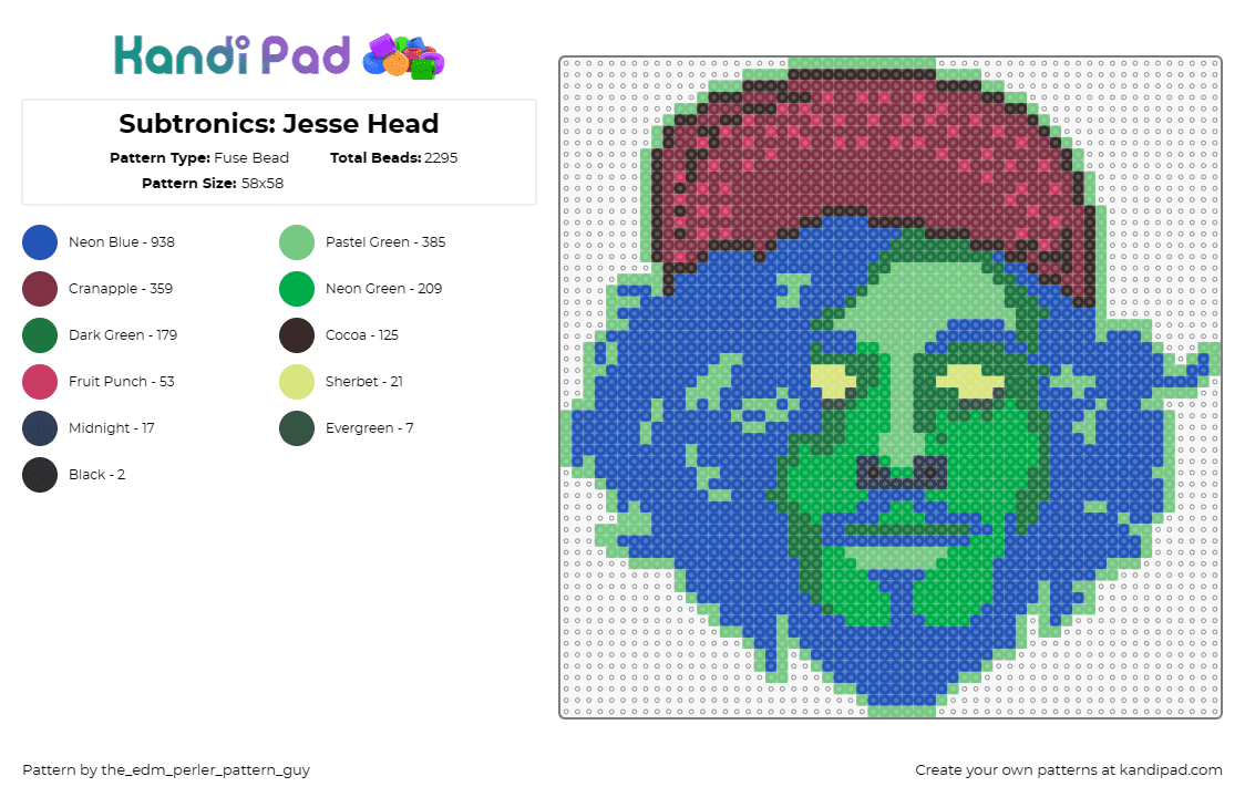 Subtronics: Jesse Head - Fuse Bead Pattern by the_edm_perler_pattern_guy on Kandi Pad - subtronics,portrait,glow,music,edm,dj,hat,blue,green,red