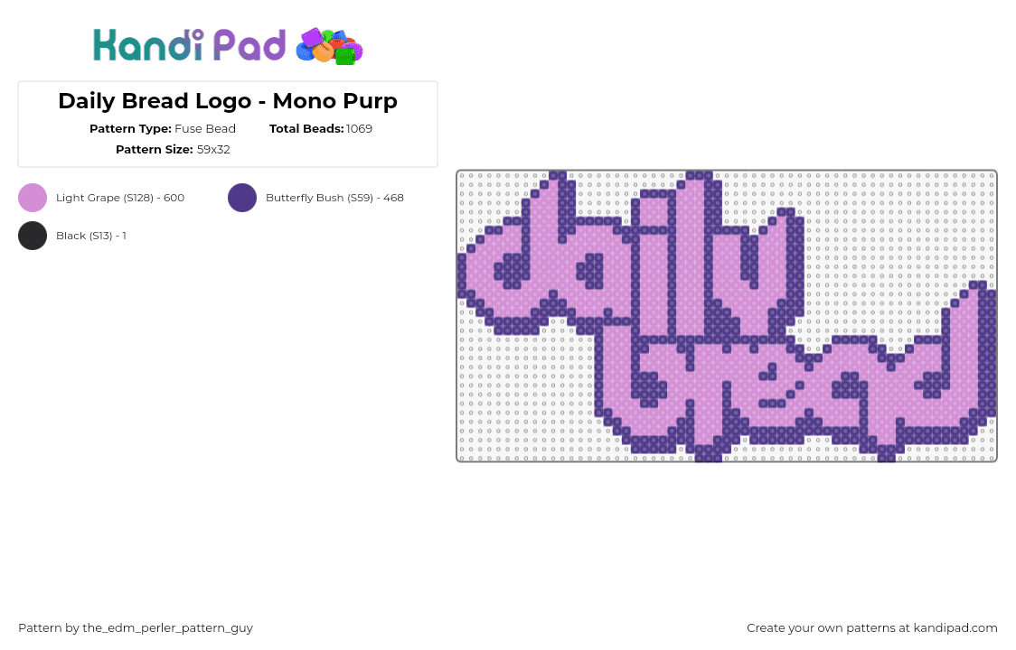 Daily Bread Logo - Mono Grape - Fuse Bead Pattern by the_edm_perler_pattern_guy on Kandi Pad - daily bread,logo,retro,text,dj,music,edm,purple,pink