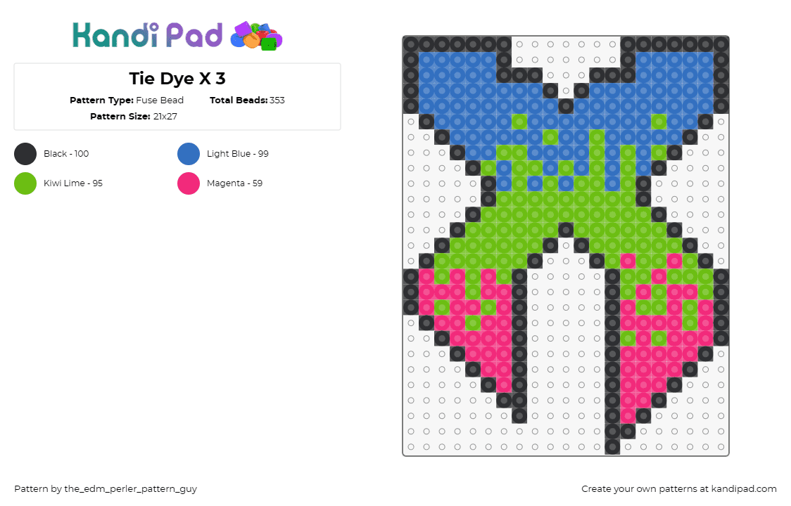 Tie Dye X 3 - Fuse Bead Pattern by the_edm_perler_pattern_guy on Kandi Pad - excision,x,tie dye,music,edm,dj,vibrant,symmetrical,green,blue,pink