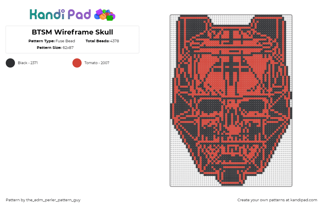 BTSM Wireframe Skull - Fuse Bead Pattern by the_edm_perler_pattern_guy on Kandi Pad - black tiger sex machine,skull,helmet,logo,dj,music,edm,dark,spooky,red,black