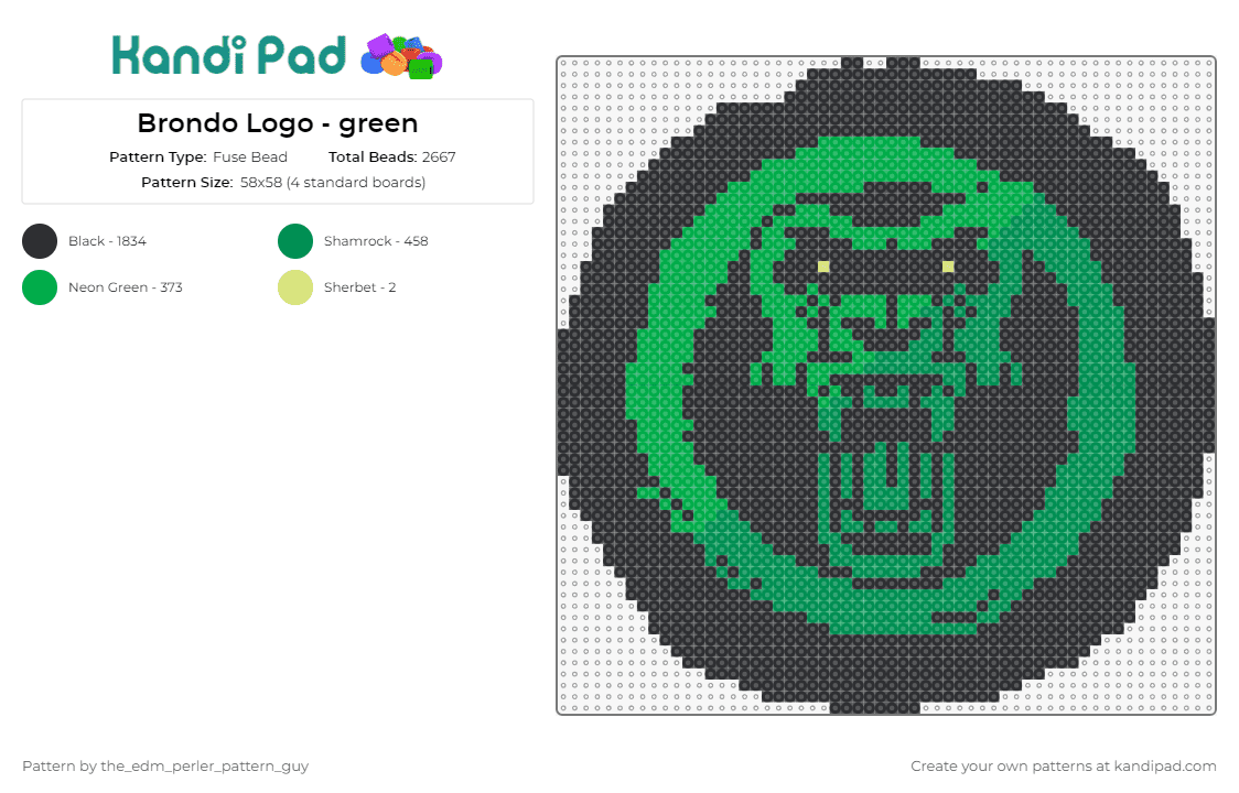 Brondo Logo - green - Fuse Bead Pattern by the_edm_perler_pattern_guy on Kandi Pad - brondo,gorilla,dj,logo,coin,music,edm,intense,green,black
