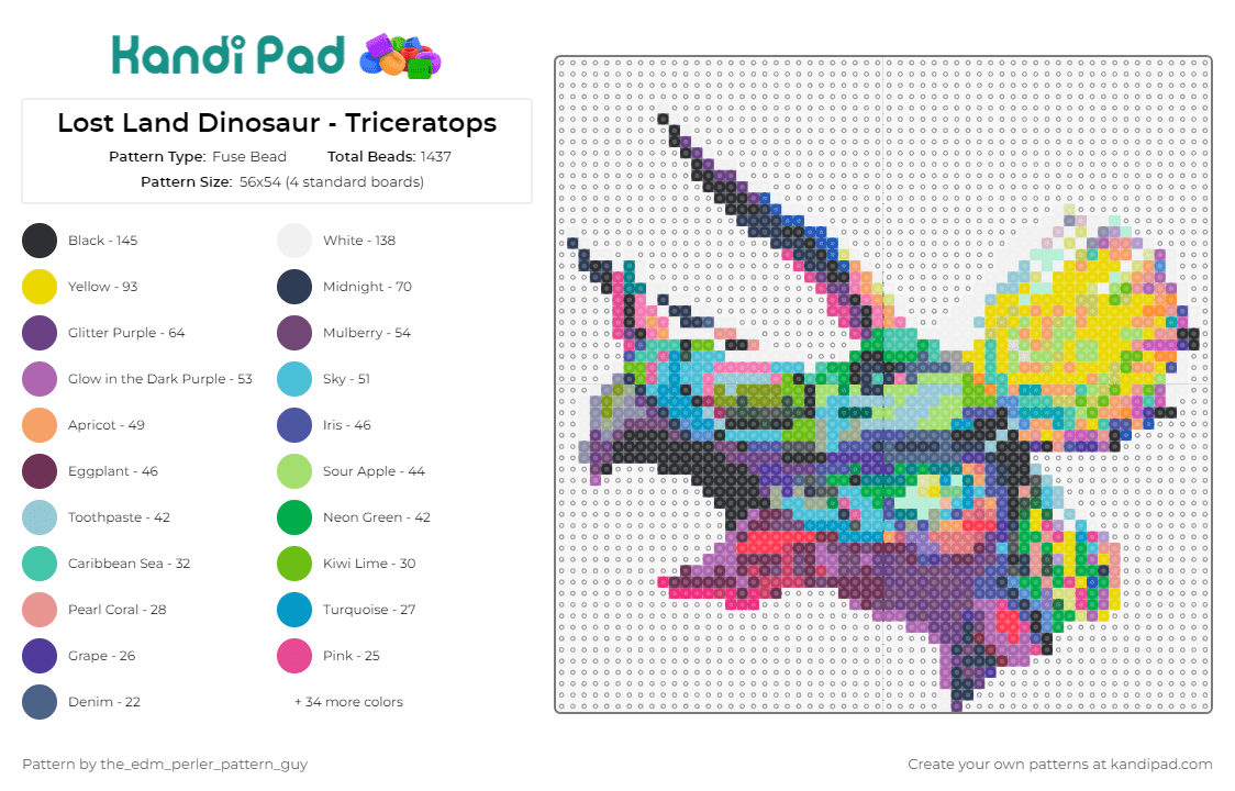 Lost Land Dinosaur - Triceratops - Fuse Bead Pattern by the_edm_perler_pattern_guy on Kandi Pad - dinosaur,triceratops,lost lands,music,festival,edm,colorful