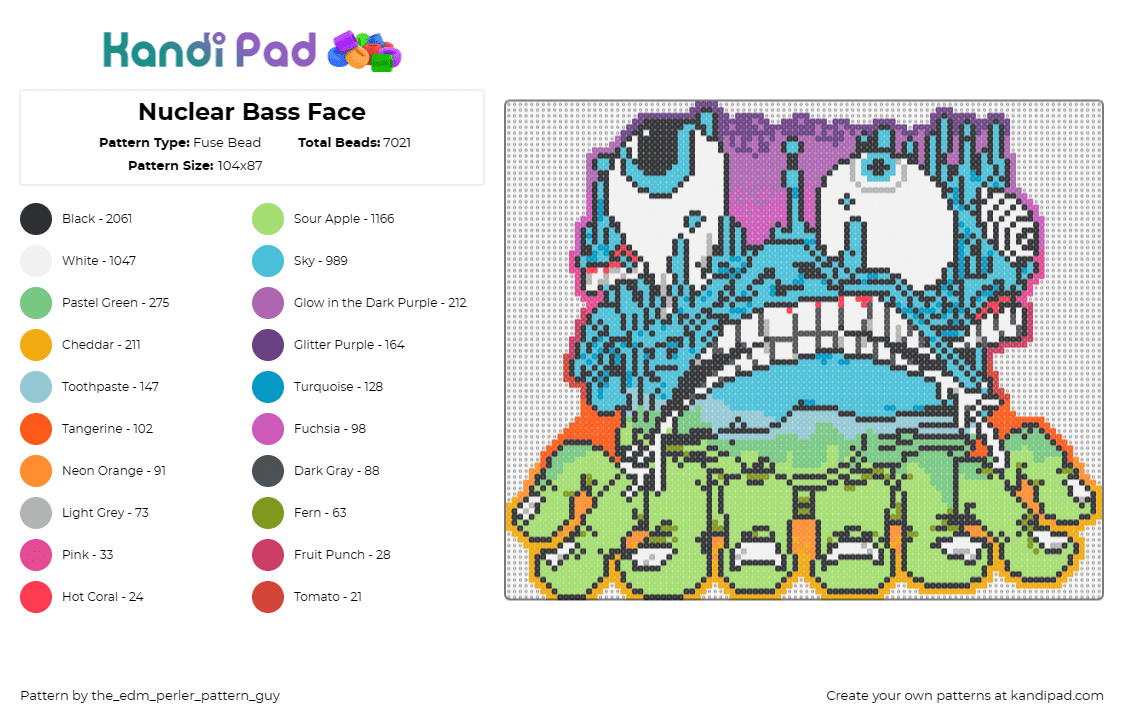 Nuclear Bass Face - Fuse Bead Pattern by the_edm_perler_pattern_guy on Kandi Pad - subtronics,nghtmre,boogie t,trippy,eyes,melting,music,edm,dj,green,teal,purple