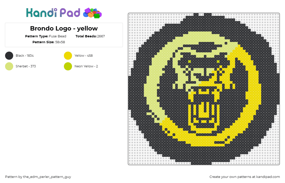 Brondo Logo - yellow - Fuse Bead Pattern by the_edm_perler_pattern_guy on Kandi Pad - brondo,gorilla,dj,logo,coin,music,edm,intense,yellow,black