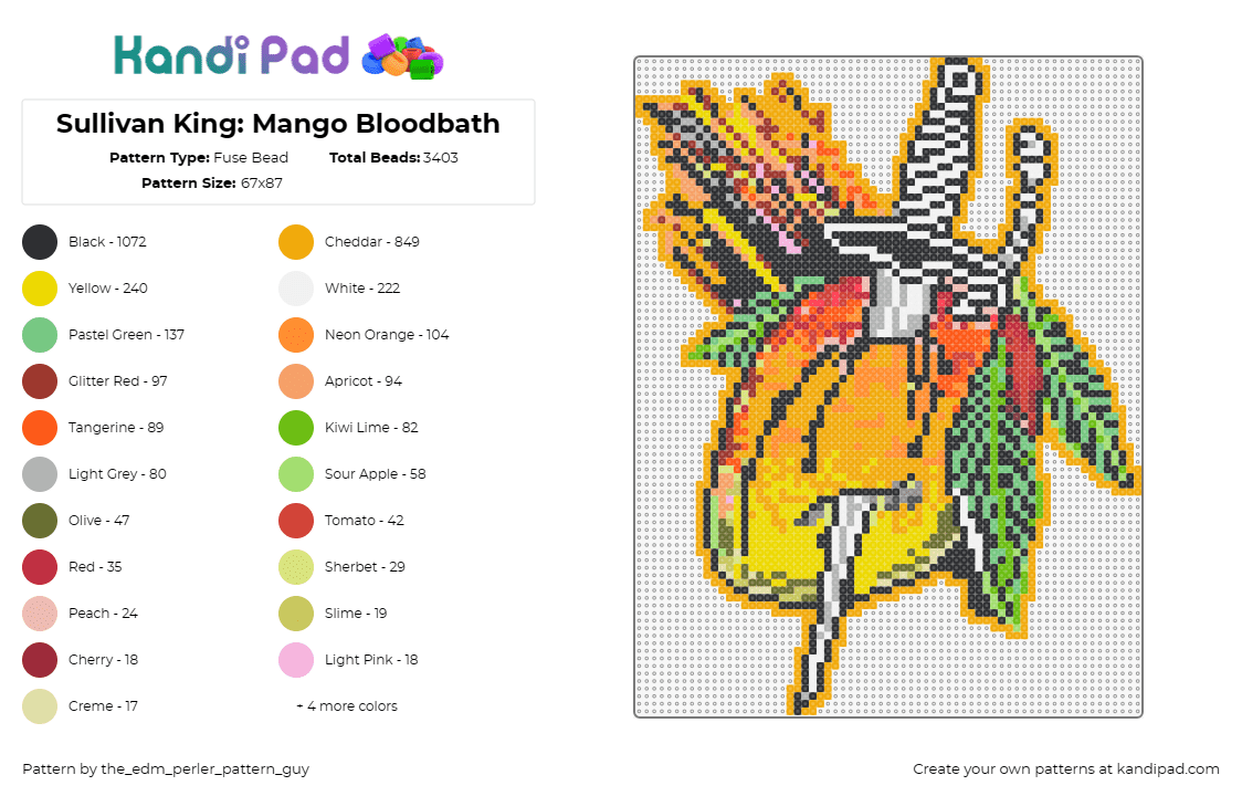 Sullivan King: Mango Bloodbath - Fuse Bead Pattern by the_edm_perler_pattern_guy on Kandi Pad - sullivan king,mango,knife,edm,dj,music,fruit,orange