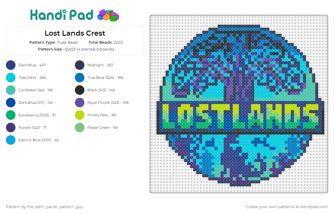 Lost Lands Crest - Fuse Bead Pattern by the_edm_perler_pattern_guy on Kandi Pad - lost lands,festival,edm,dubstep,music,crest,emblem,electronic,tree,blue,green