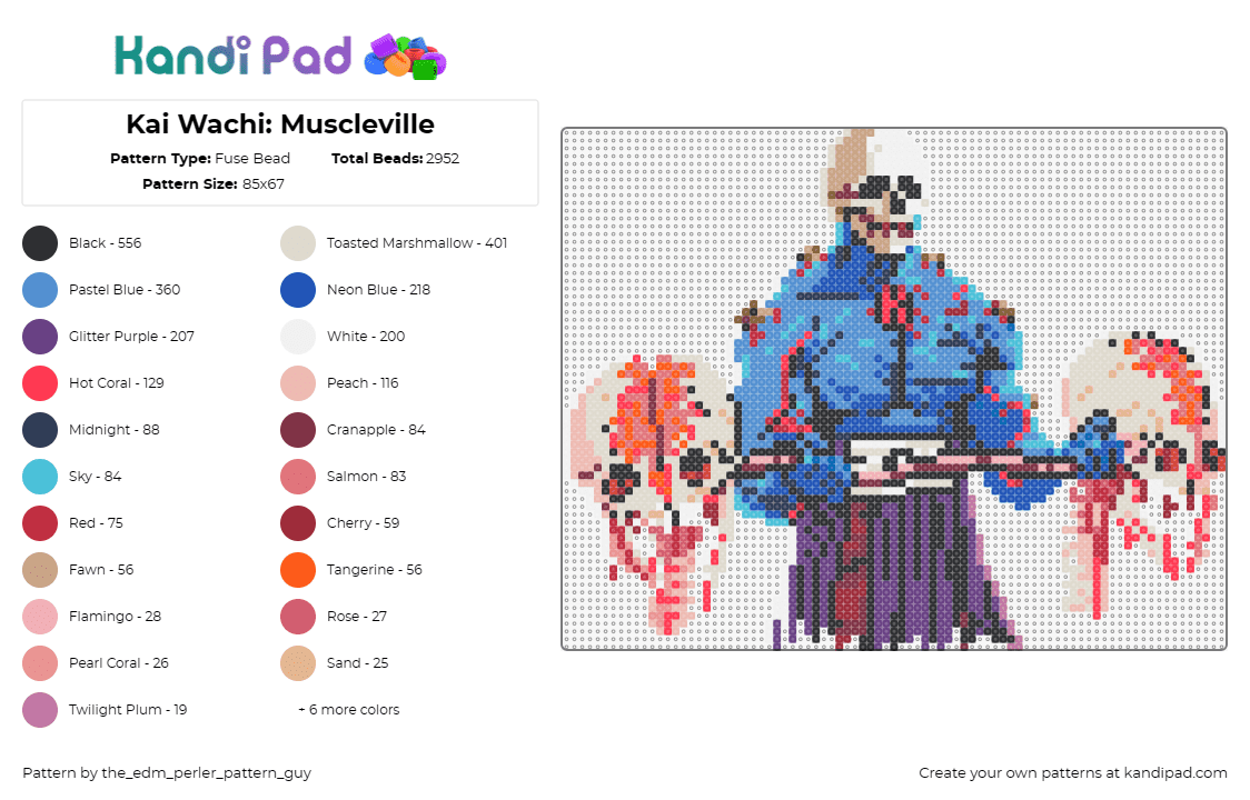 Kai Wachi: Muscleville - Fuse Bead Pattern by the_edm_perler_pattern_guy on Kandi Pad - kai wachi,muscles,skulls,wightlifting,dj,music,edm,spooky,blue,beige,purple